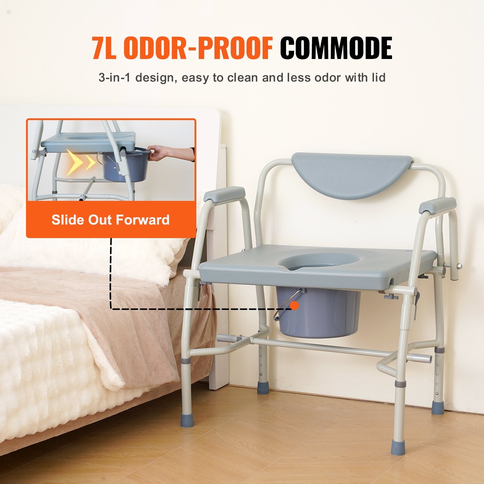 Commode Chair Bedside with Drop-Down Arms 5-Level Height Adjustable 7L Bucket