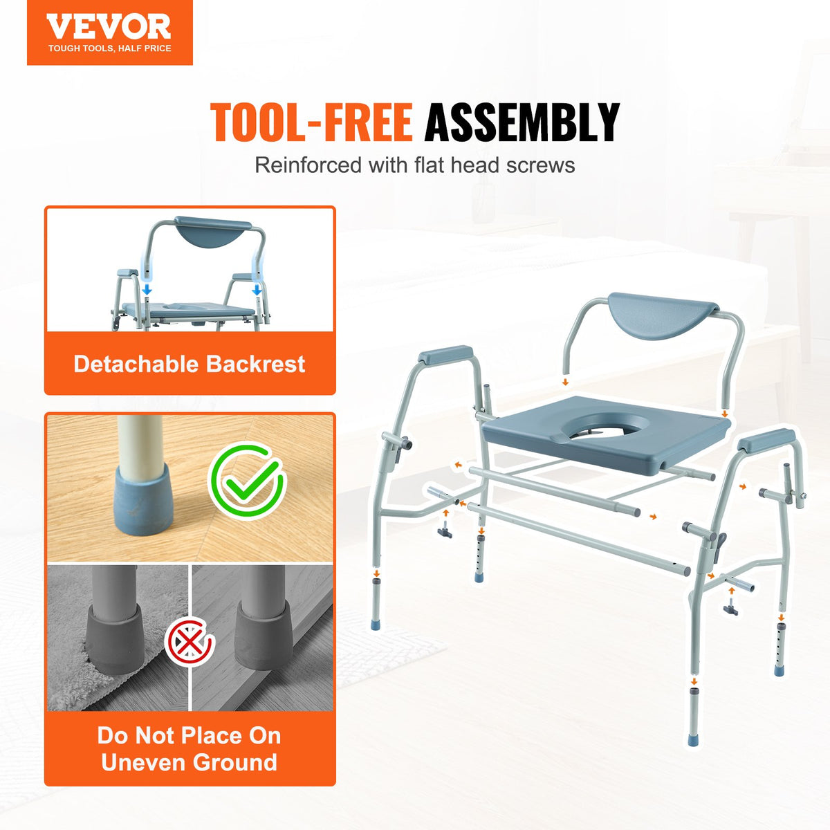 Commode Chair Bedside with Drop-Down Arms 5-Level Height Adjustable 7L Bucket