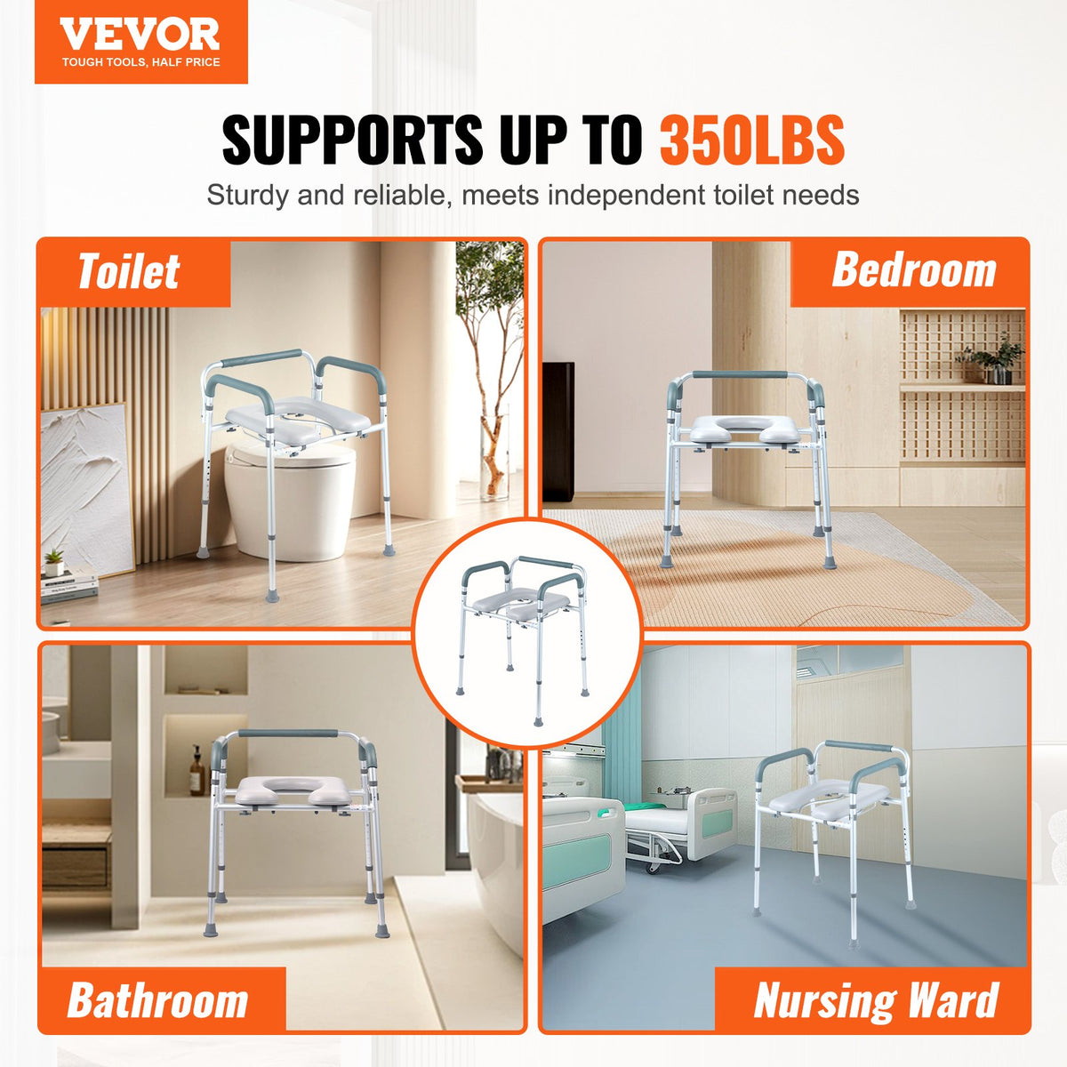 Commode Chair, Bedside with Padded Seat & Arms, 7-Level Adjustable, 5.8L Bucket