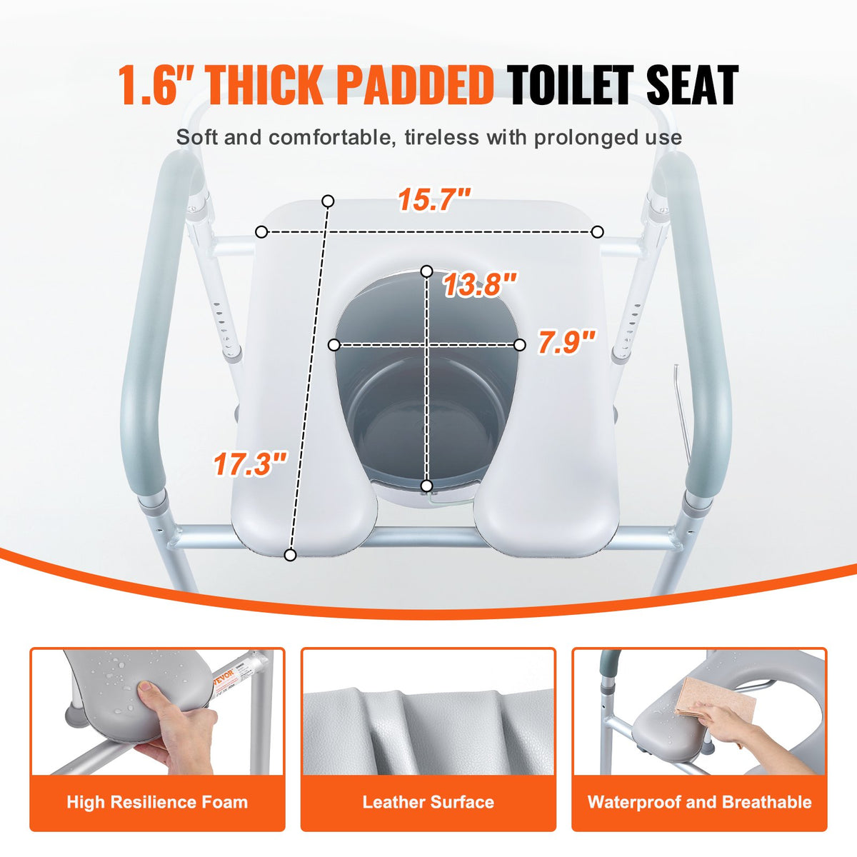 Commode Chair, Bedside with Padded Seat & Arms, 7-Level Adjustable, 5.8L Bucket