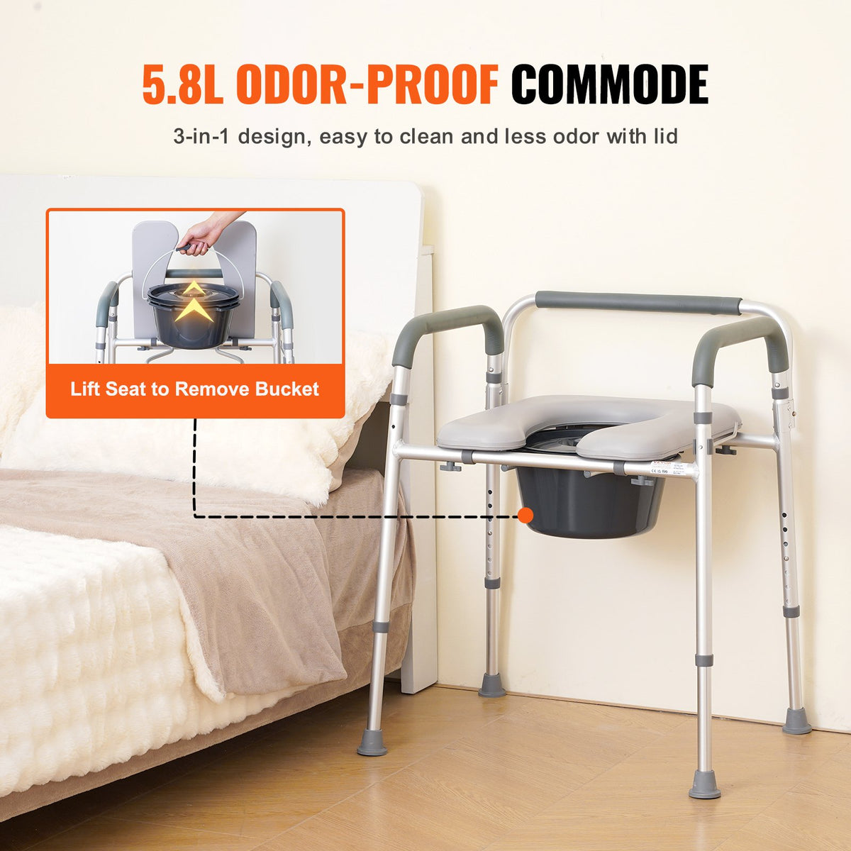 Commode Chair, Bedside with Padded Seat & Arms, 7-Level Adjustable, 5.8L Bucket