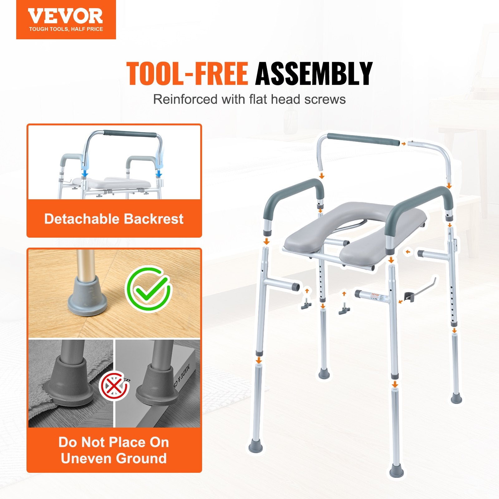 Commode Chair, Bedside with Padded Seat & Arms, 7-Level Adjustable, 5.8L Bucket