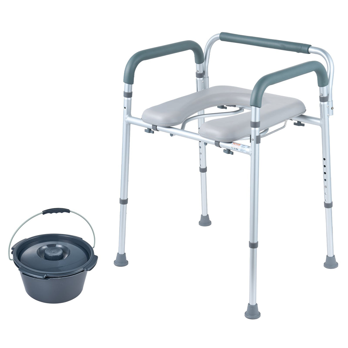 Commode Chair, Bedside with Padded Seat & Arms, 7-Level Adjustable, 5.8L Bucket
