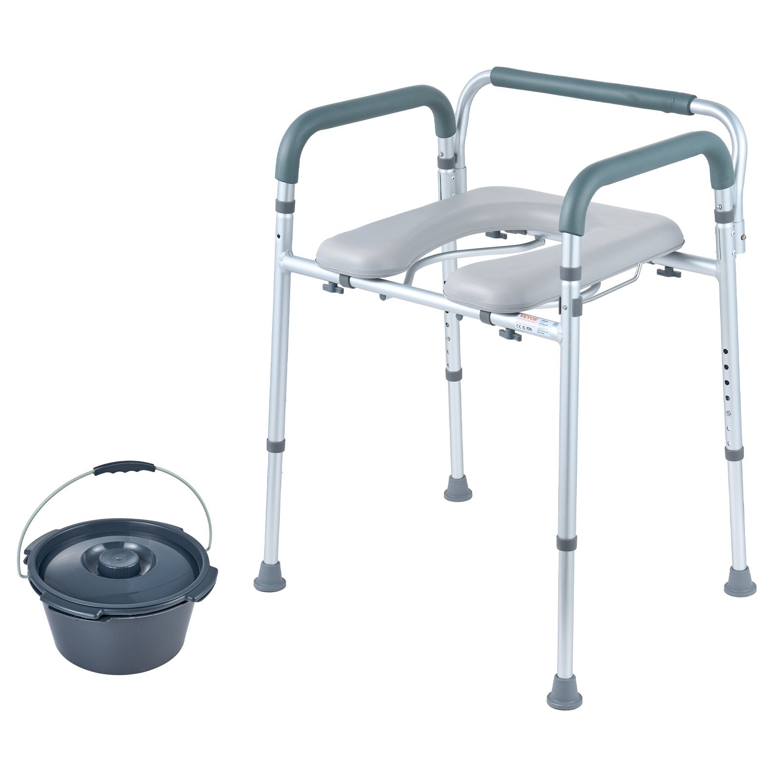 Commode Chair, Bedside with Padded Seat & Arms, 7-Level Adjustable, 5.8L Bucket