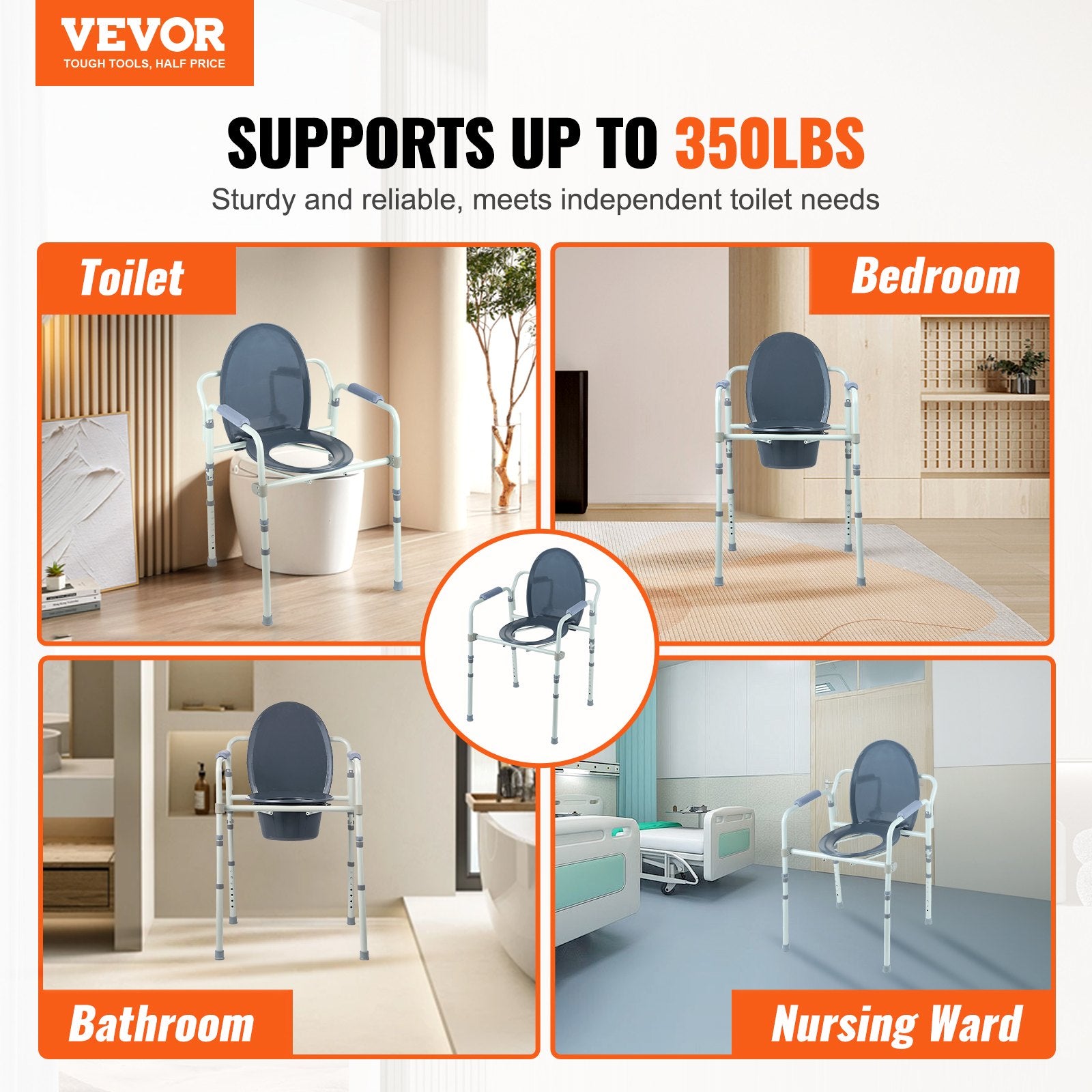 Bedside Commode Chair with Wider Seat 7-Level Adjustable for Adults