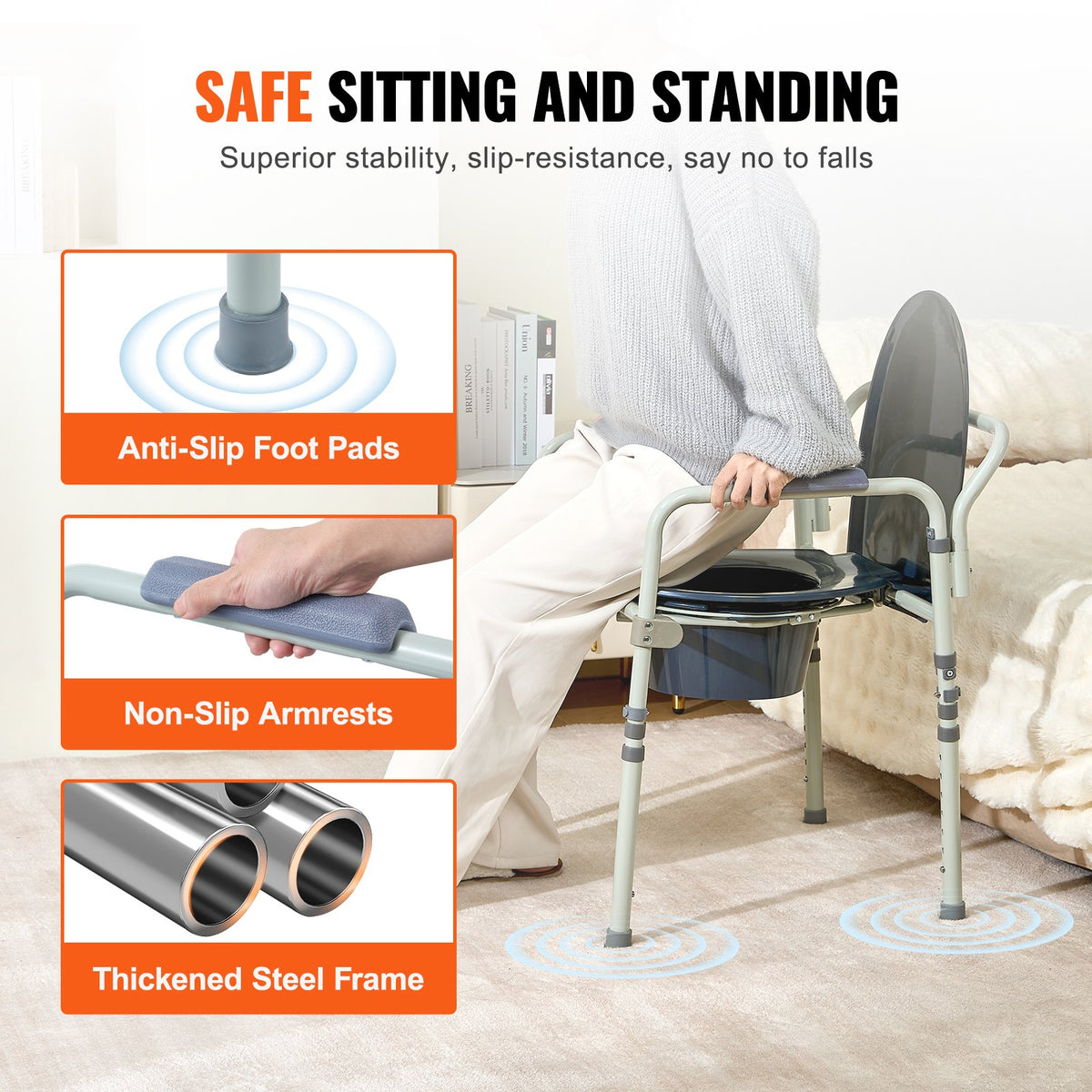 Bedside Commode Chair with Wider Seat 7-Level Adjustable for Adults