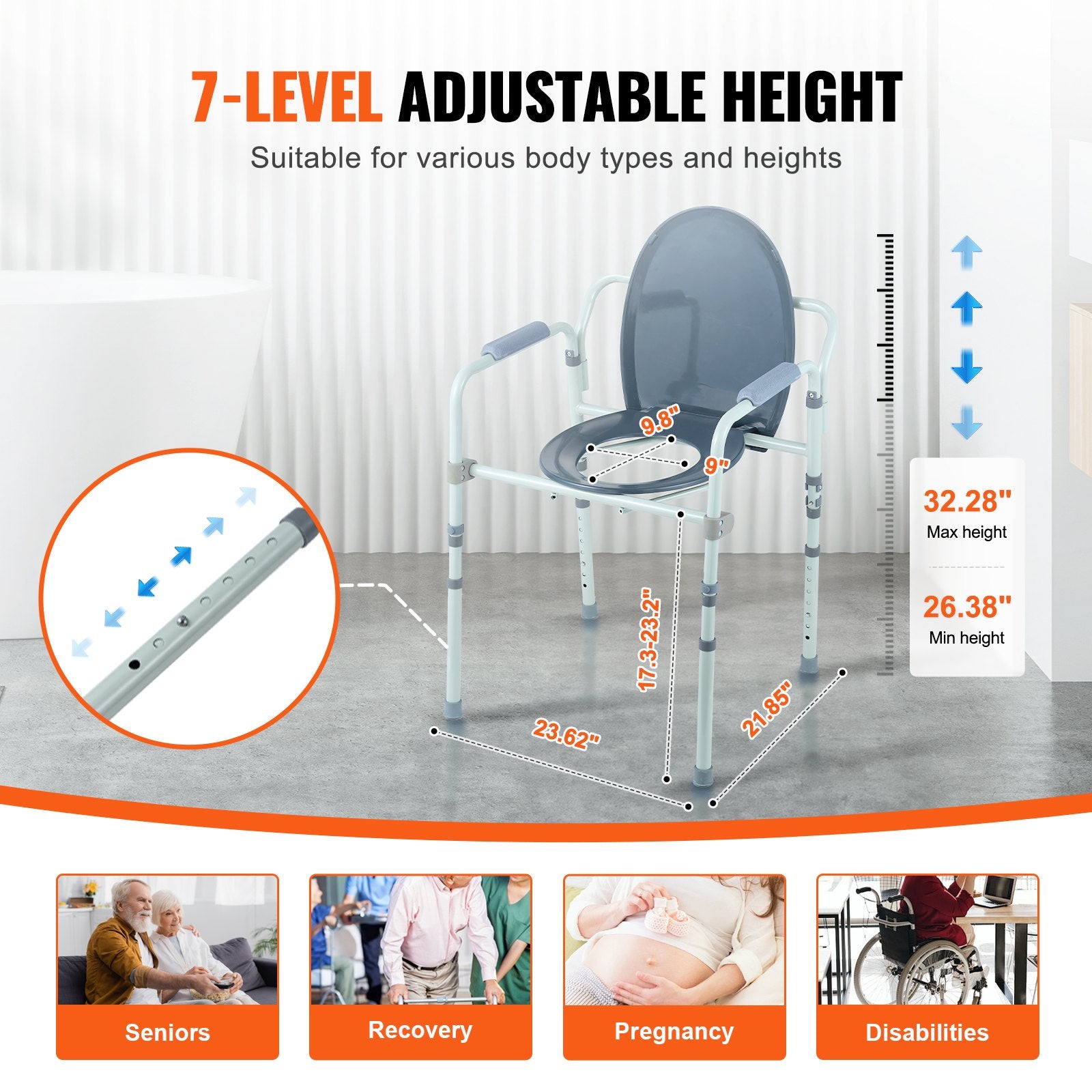 Bedside Commode Chair with Wider Seat 7-Level Adjustable for Adults