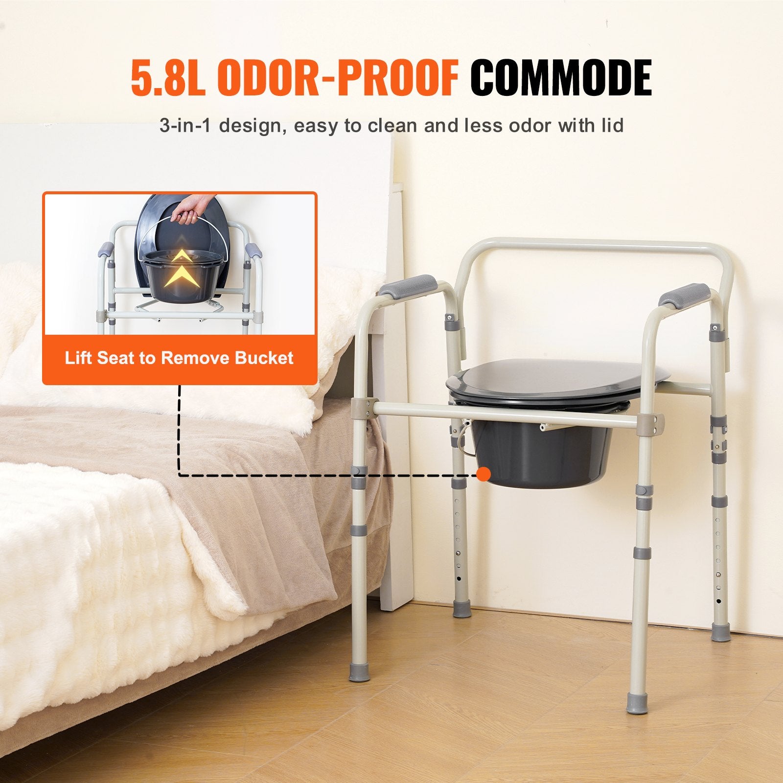 Bedside Commode Chair with Wider Seat 7-Level Adjustable for Adults