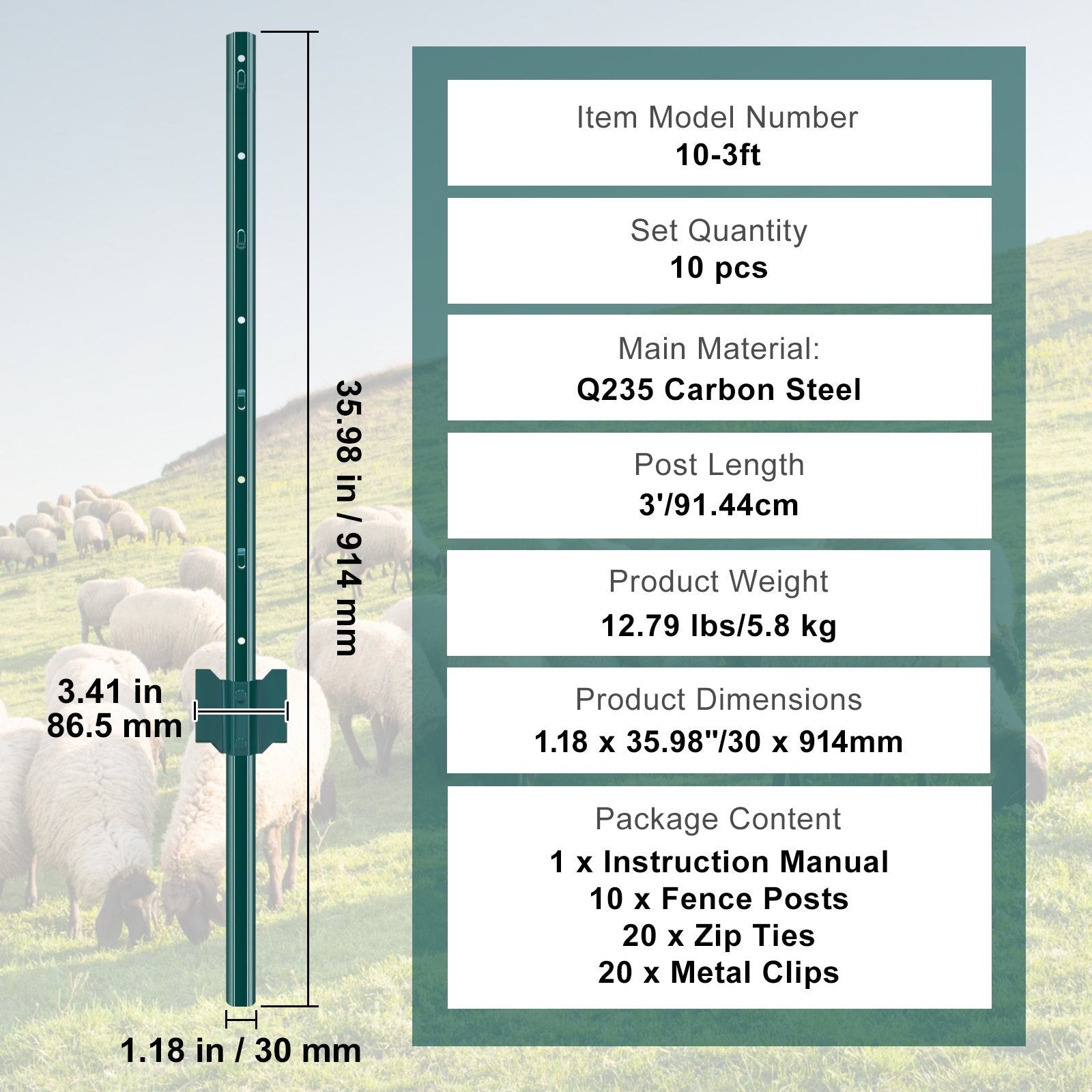 3 Feet Fence Post 10 Pack U-Channel Heavy Duty Metal Stakes for Garden Yard Lawn