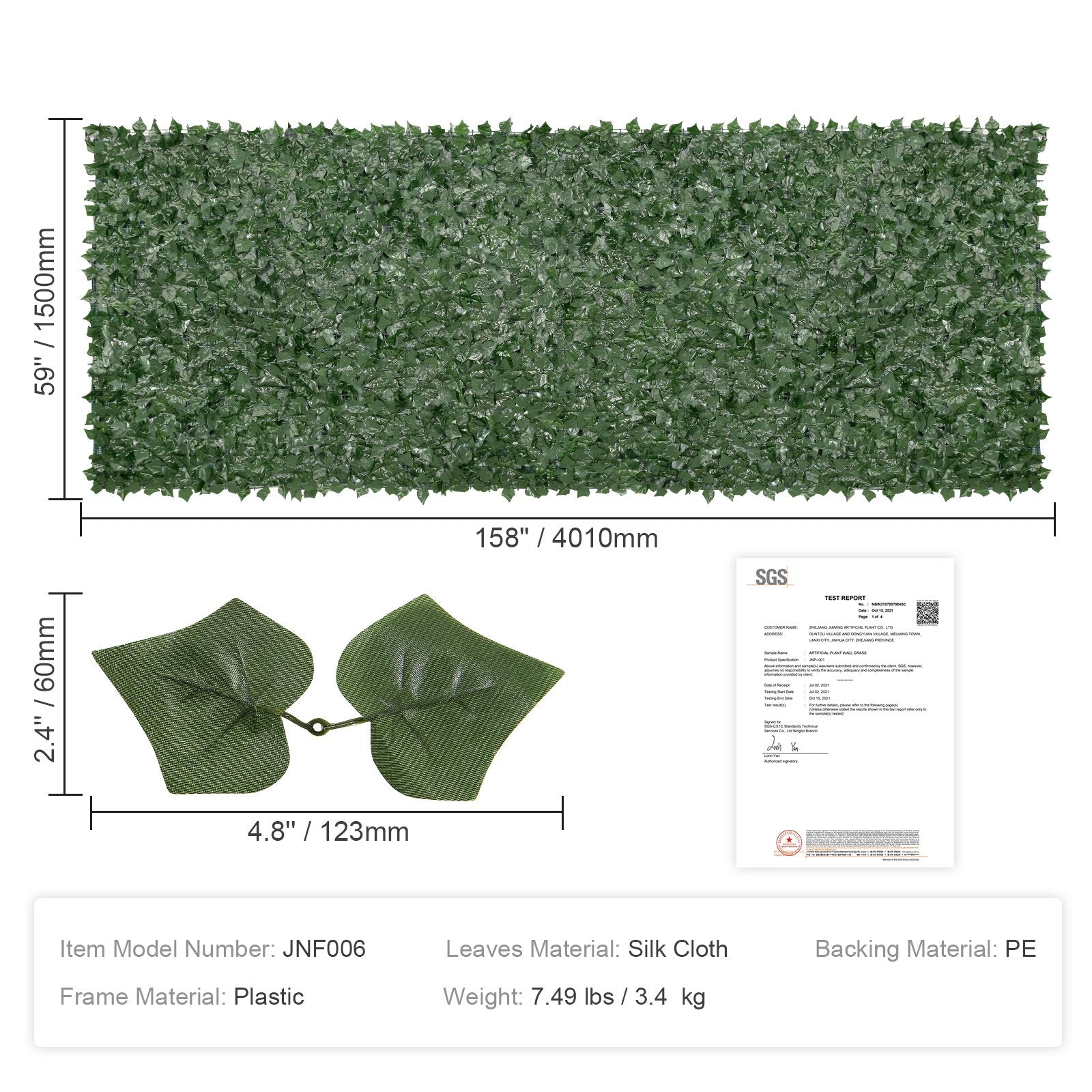 Ivy Privacy Fence 59x158in Artificial Green Wall Screen Faux Hedges Vine