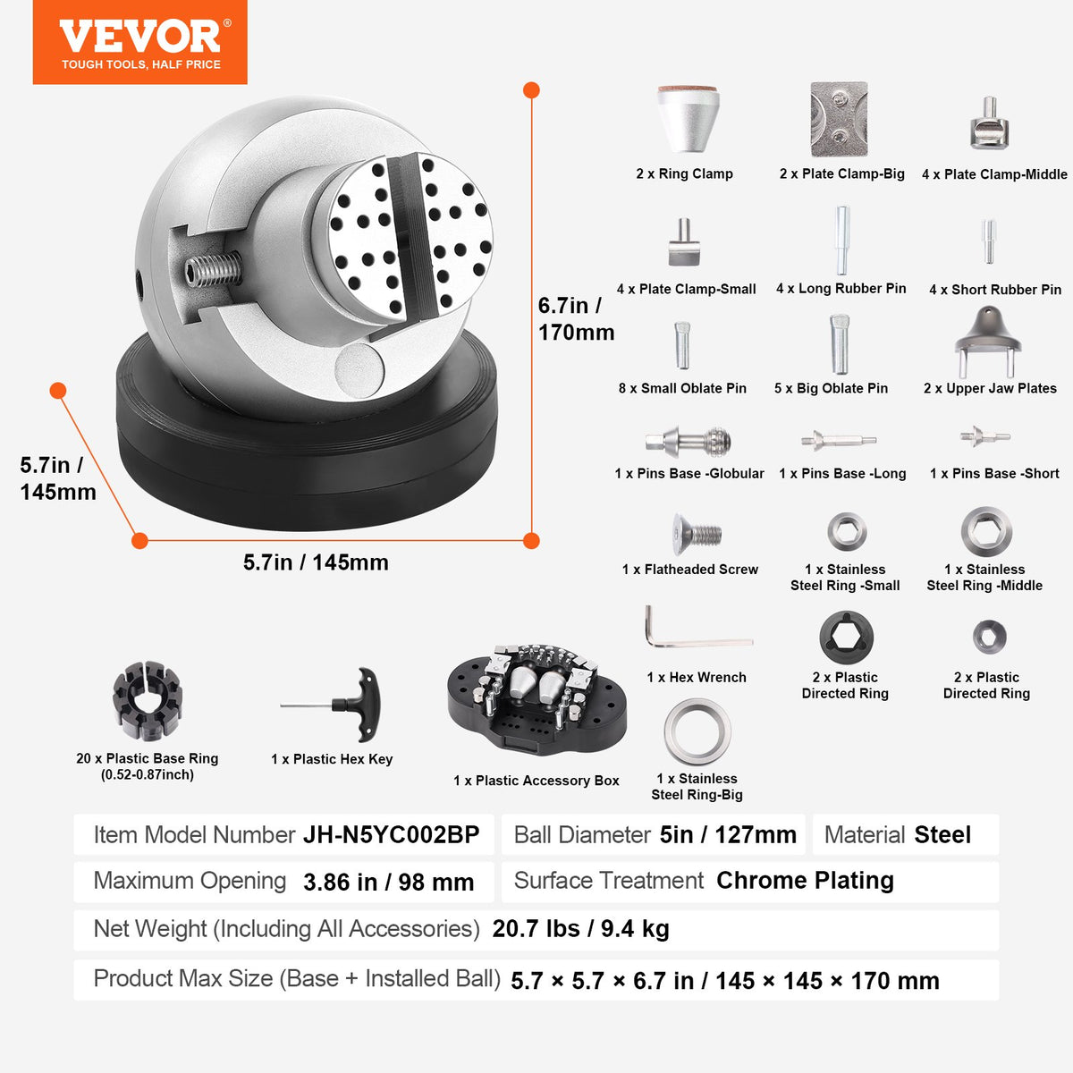 Ball Vise 5in 360 Rotation Engraving Block with 69 PCS Jewelry Attachments Inlay