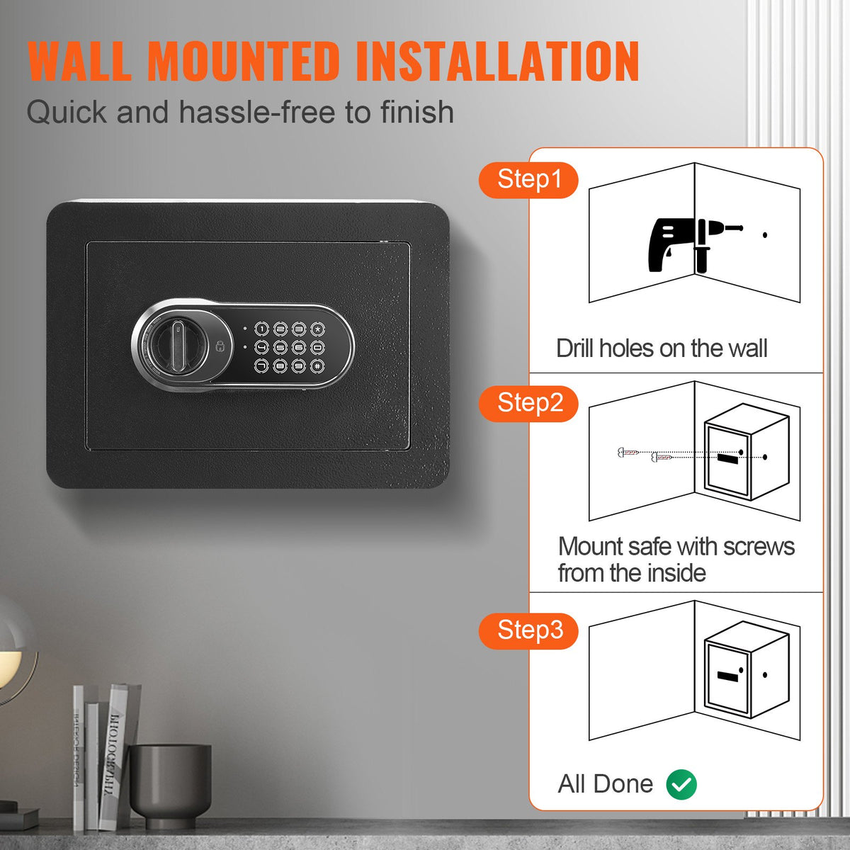 Safe Home Steel Security Digital Keypad 0.5CuFt 2 Keys WallMounted 350x250x250mm