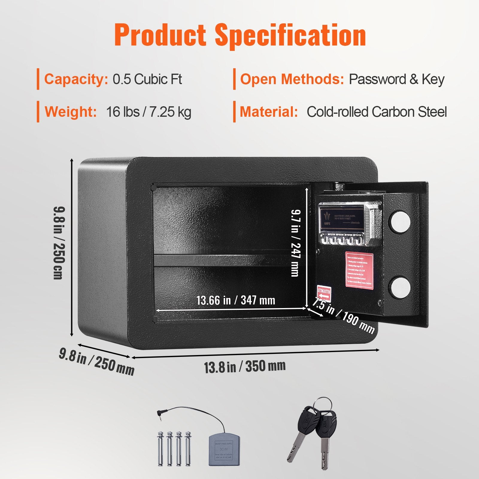 Safe Home Steel Security Digital Keypad 0.5CuFt 2 Keys WallMounted 350x250x250mm