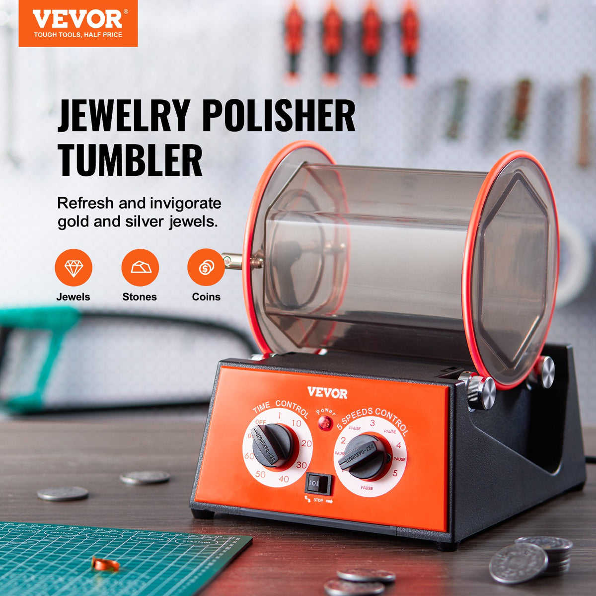 Jewelry Polisher Tumbler 11lbs Mini Rotary Machine 0-60Min Timer 5-Speed