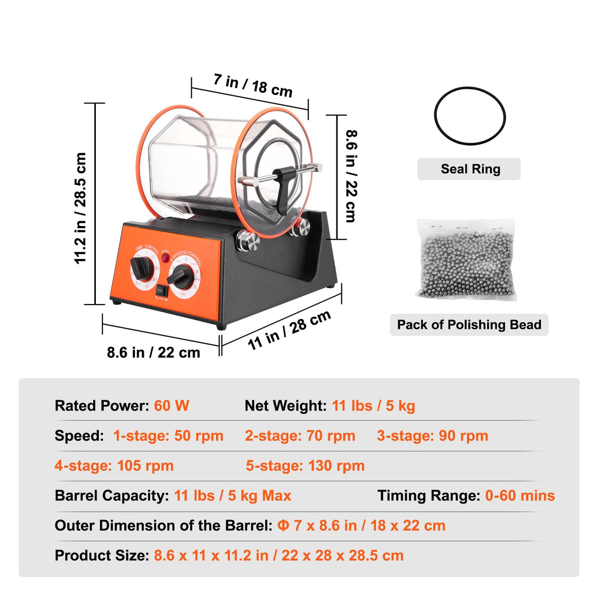 Jewelry Polisher Tumbler 11lbs Mini Rotary Machine 0-60Min Timer 5-Speed