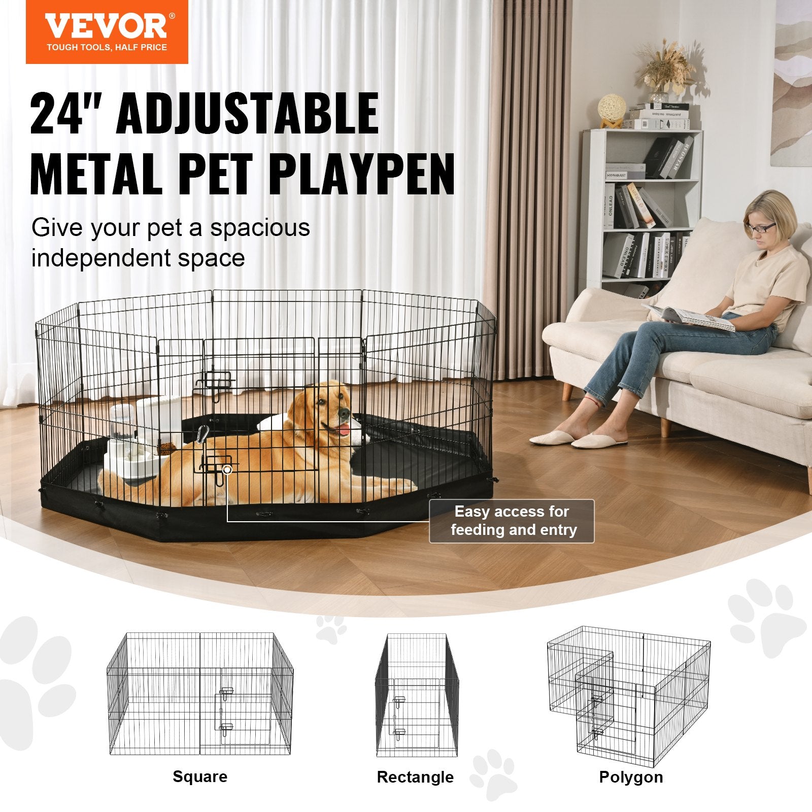 Dog Playpen 8 Panels Foldable Metal Exercise Pen 24" H with Bottom Pad