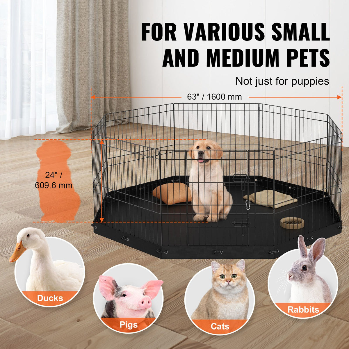 Dog Playpen 8 Panels Foldable Metal Exercise Pen 24" H with Bottom Pad