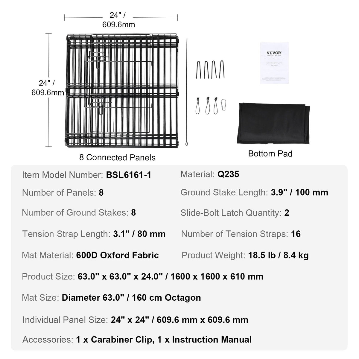 Dog Playpen 8 Panels Foldable Metal Exercise Pen 24" H with Bottom Pad
