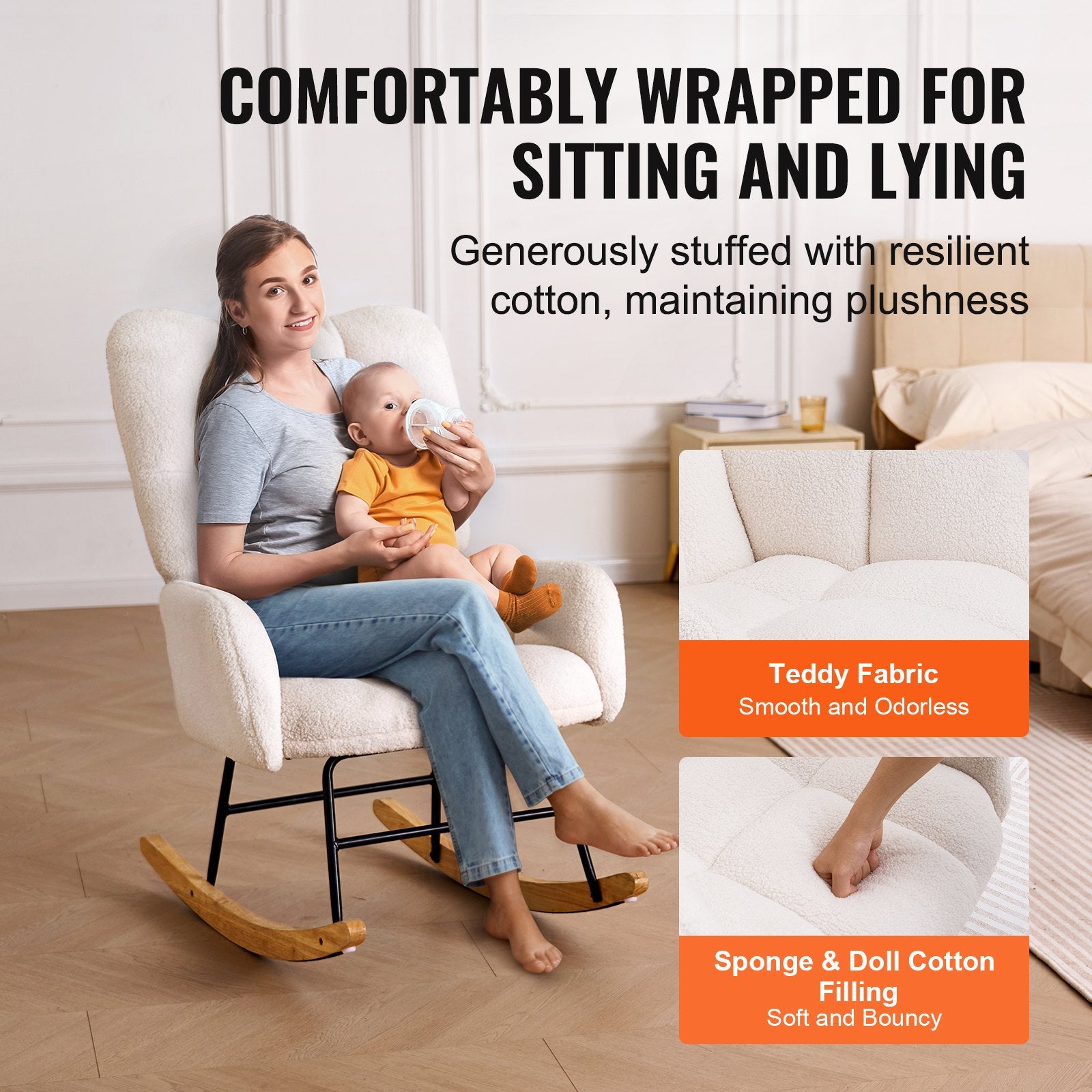 Nursery Rocking Chair 250lbs Teddy Fabric Glider High Backrest Ivory White