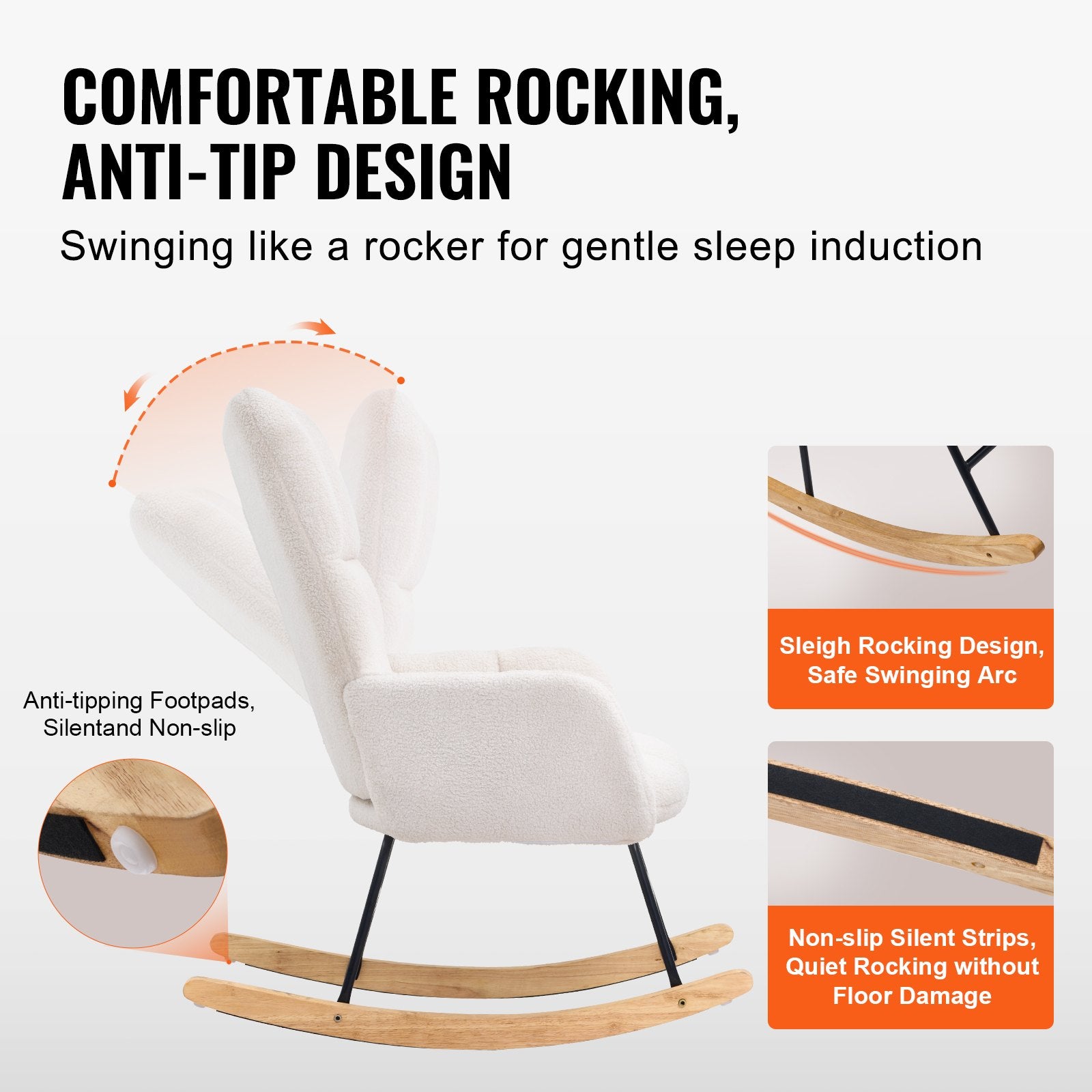 Nursery Rocking Chair 250lbs Teddy Fabric Glider High Backrest Ivory White