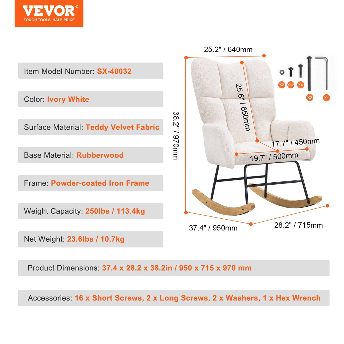 Nursery Rocking Chair 250lbs Teddy Fabric Glider High Backrest Ivory White