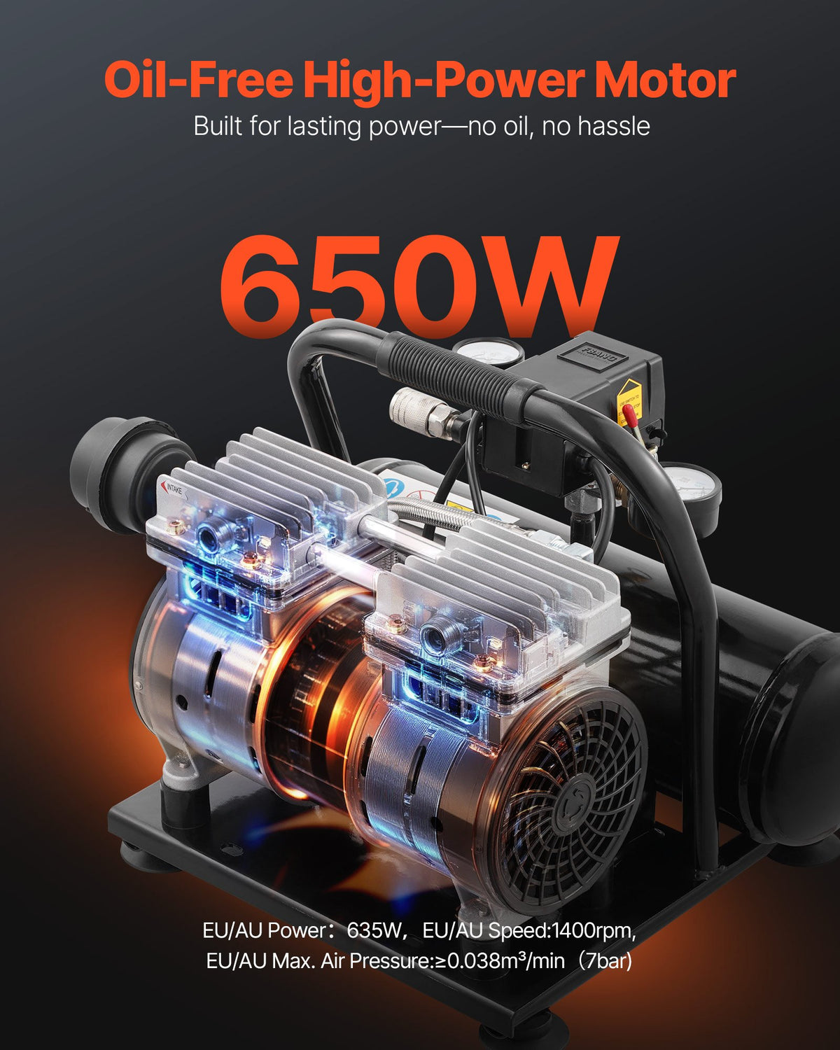 4L Air Compressor, 1HP 1.5CFM 7bar Oil-Free, 120PSI, 68dB Quiet, Portable
