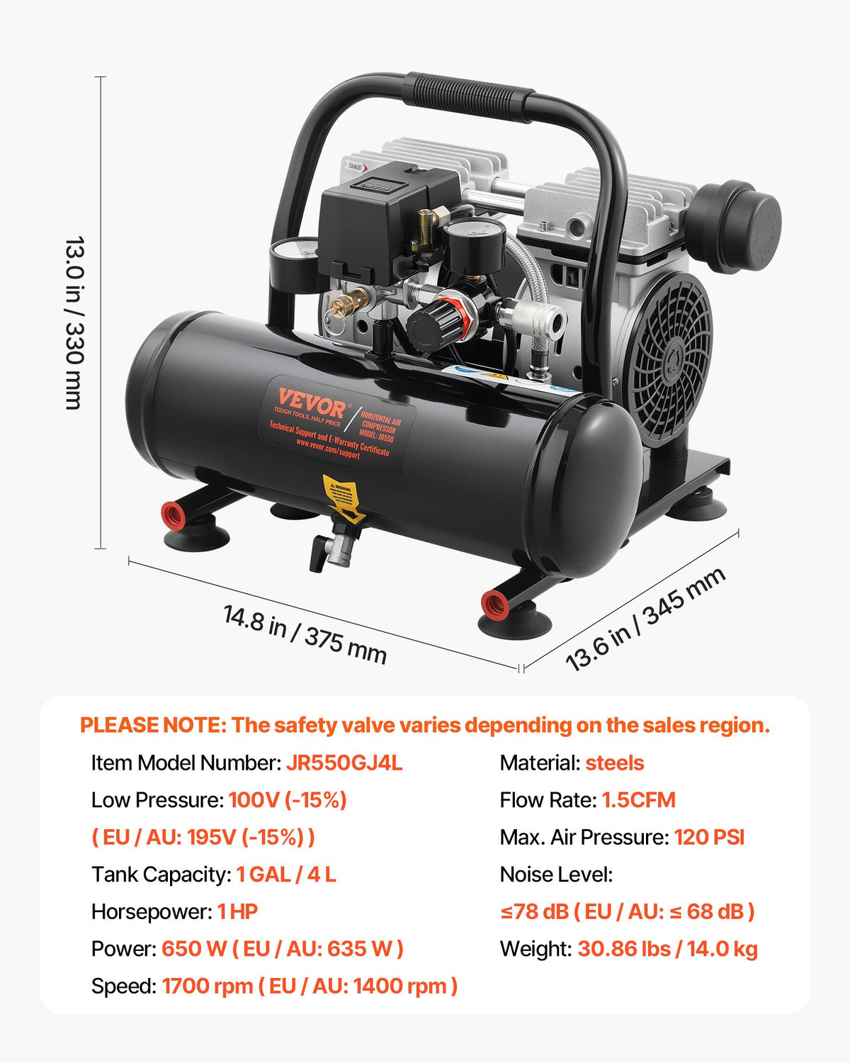 4L Air Compressor, 1HP 1.5CFM 7bar Oil-Free, 120PSI, 68dB Quiet, Portable