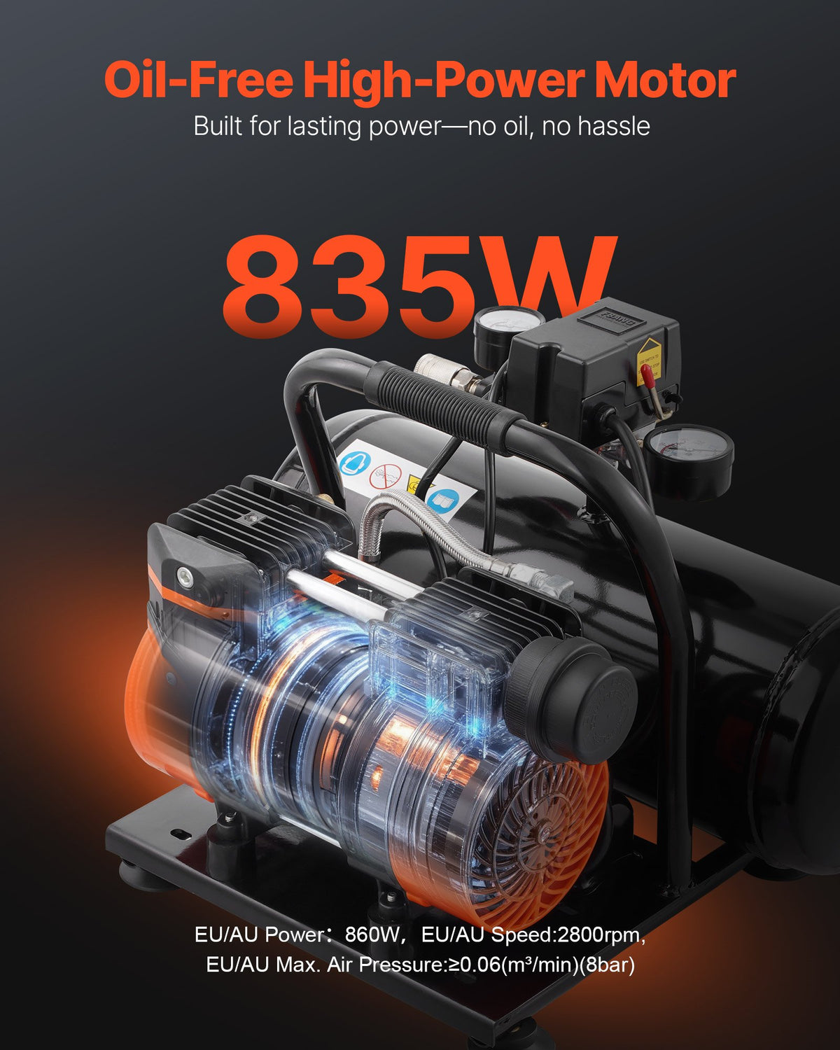 Air Compressor 8L Steel Tank 1HP 2.5CFM 120PSI Oil-Free Ultra Quiet Portable