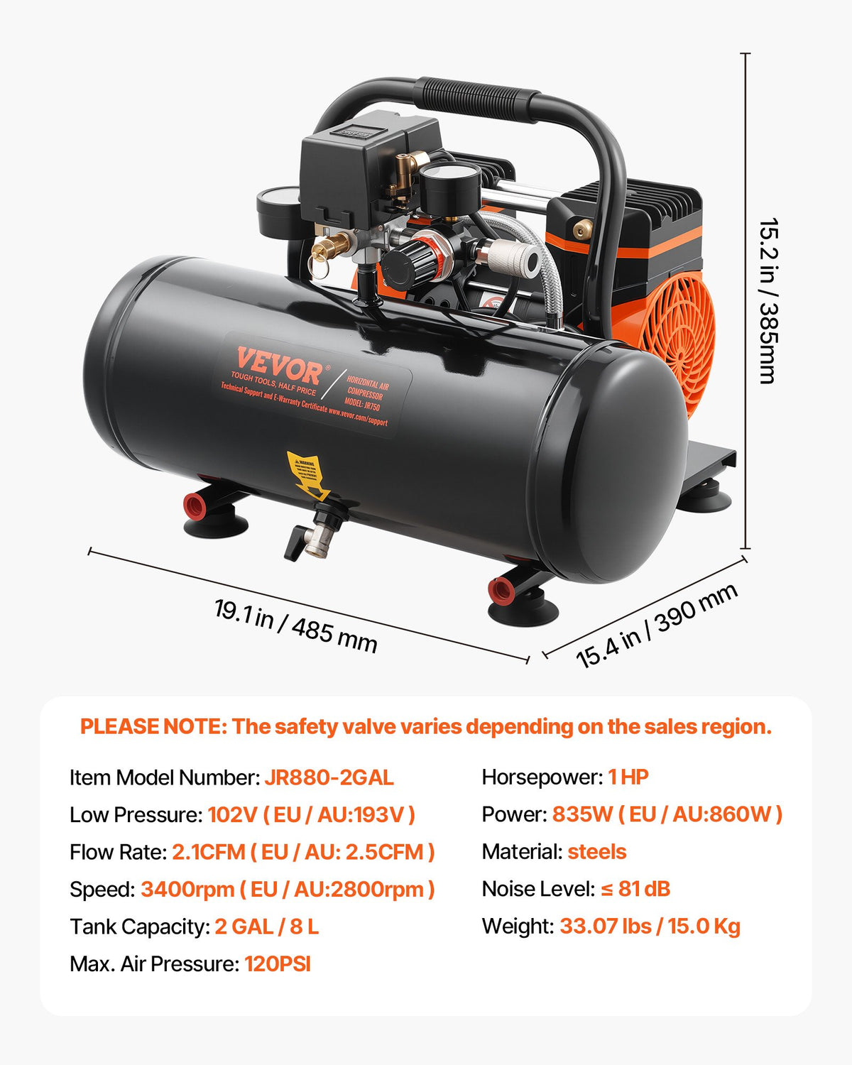 Air Compressor 8L Steel Tank 1HP 2.5CFM 120PSI Oil-Free Ultra Quiet Portable