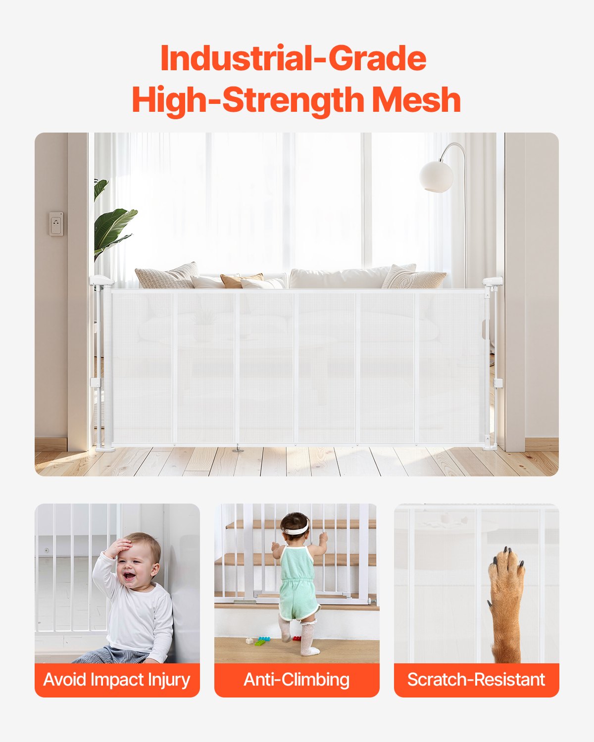 Retractable Baby Gate 870mm Tall Extends 1800mm Wide Mesh Indoor Stairs White