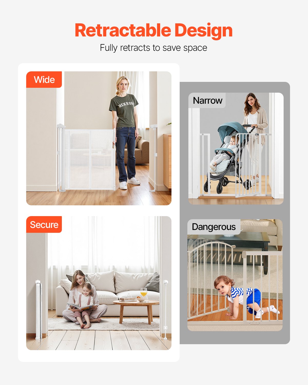 Retractable Baby Gate 870mm Tall Extends 1800mm Wide Mesh Indoor Stairs White