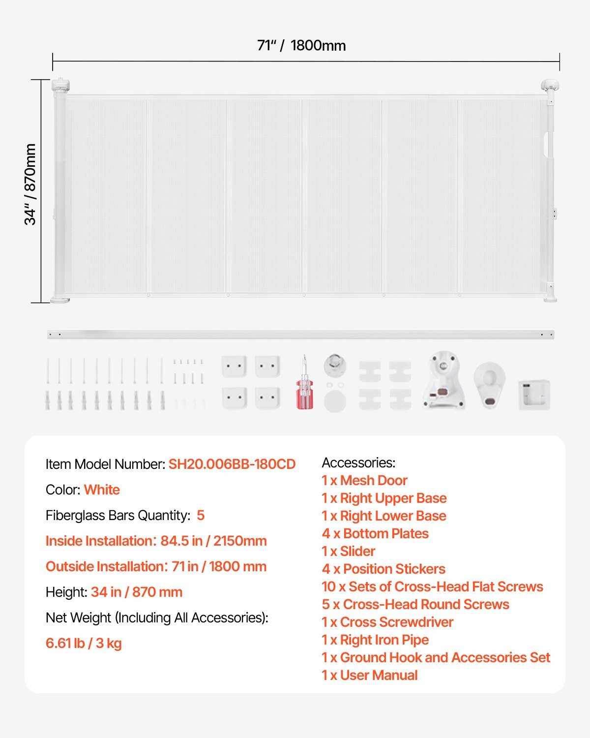 Retractable Baby Gate 870mm Tall Extends 1800mm Wide Mesh Indoor Stairs White
