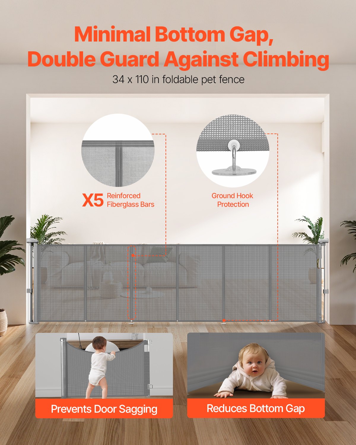 Retractable Baby Gate, 870mm Tall, Extends to 2800mm Wide, Mesh Indoor Safety Gate