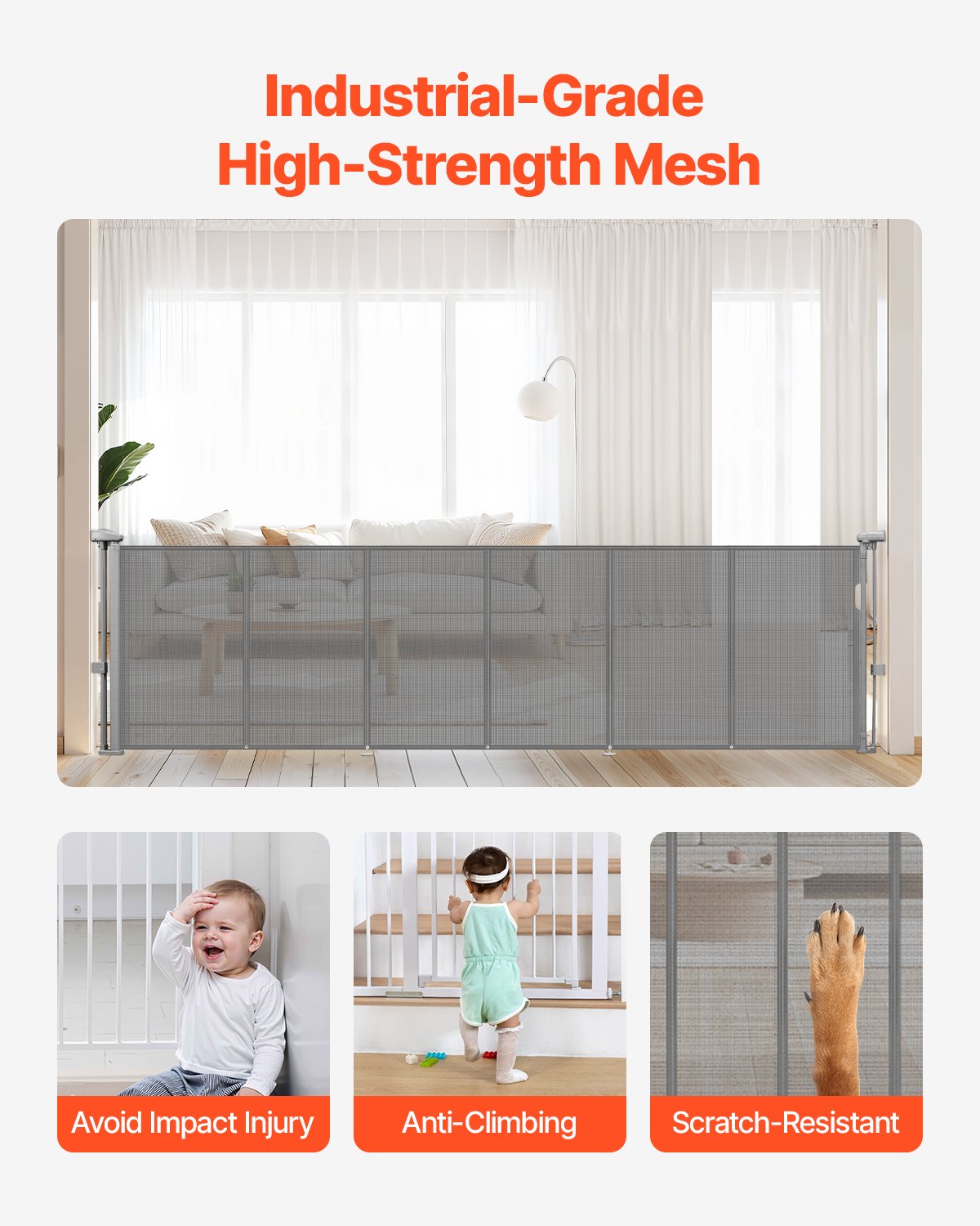 Retractable Baby Gate, 870mm Tall, Extends to 2800mm Wide, Mesh Indoor Safety Gate