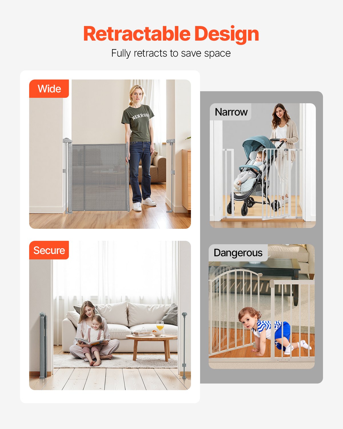 Retractable Baby Gate, 870mm Tall, Extends to 2800mm Wide, Mesh Indoor Safety Gate