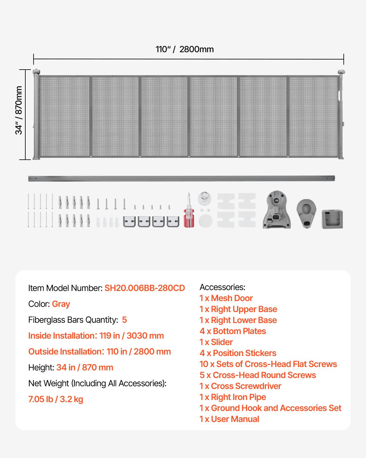 Retractable Baby Gate, 870mm Tall, Extends to 2800mm Wide, Mesh Indoor Safety Gate