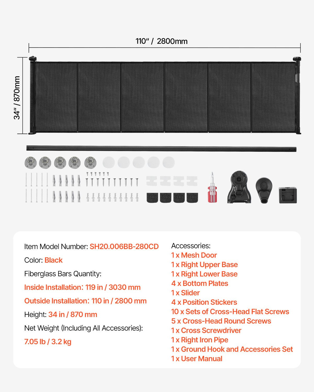 870mm Retractable Baby Gate Extends to 2800mm for Stairs & Doorways