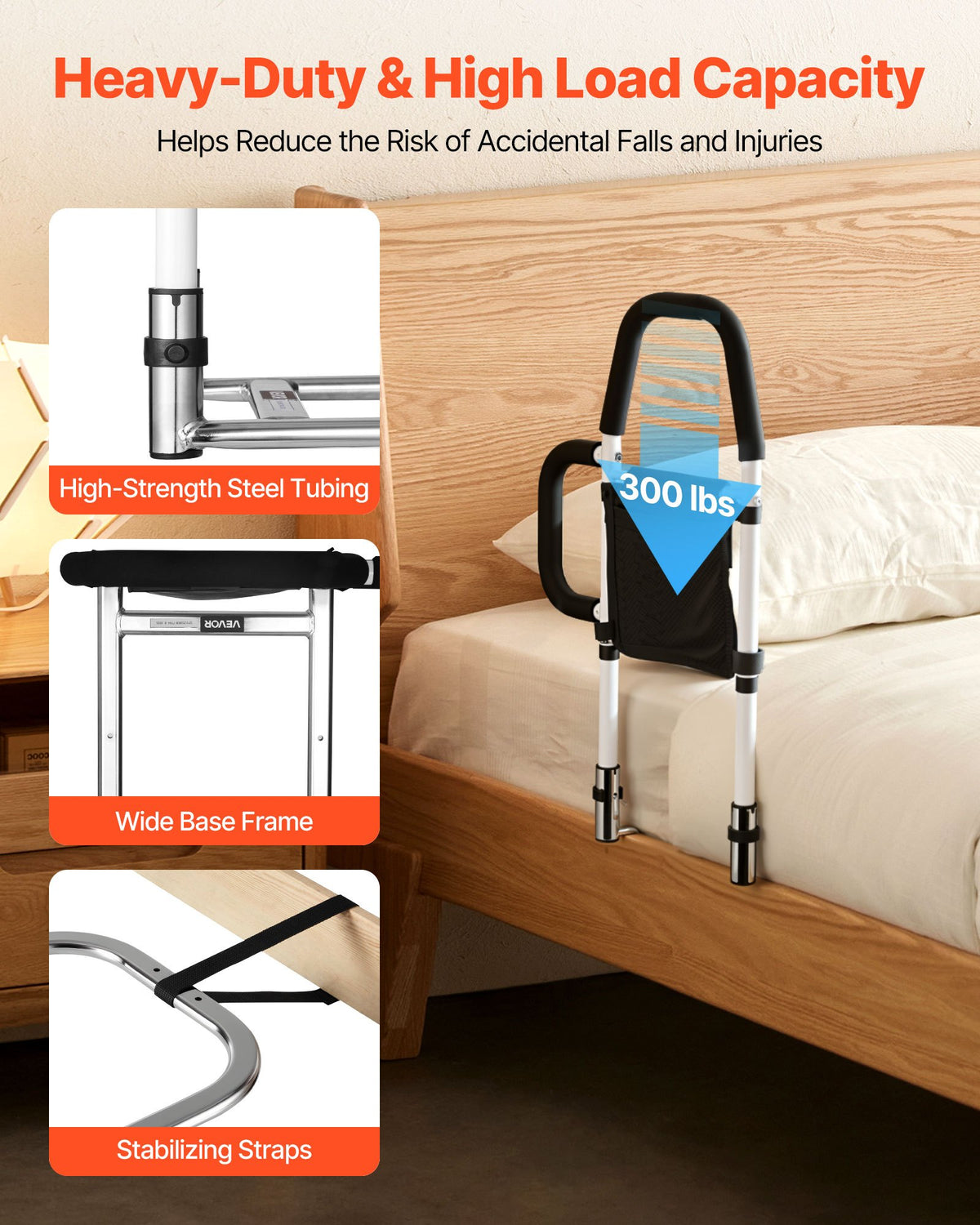 Bed Rail for Elderly, Adjustable Carbon Steel Bedside Assist Rail with PU Handle