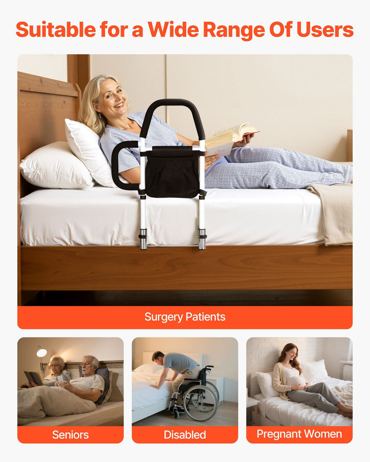 Bed Rail for Elderly, Adjustable Carbon Steel Bedside Assist Rail with PU Handle