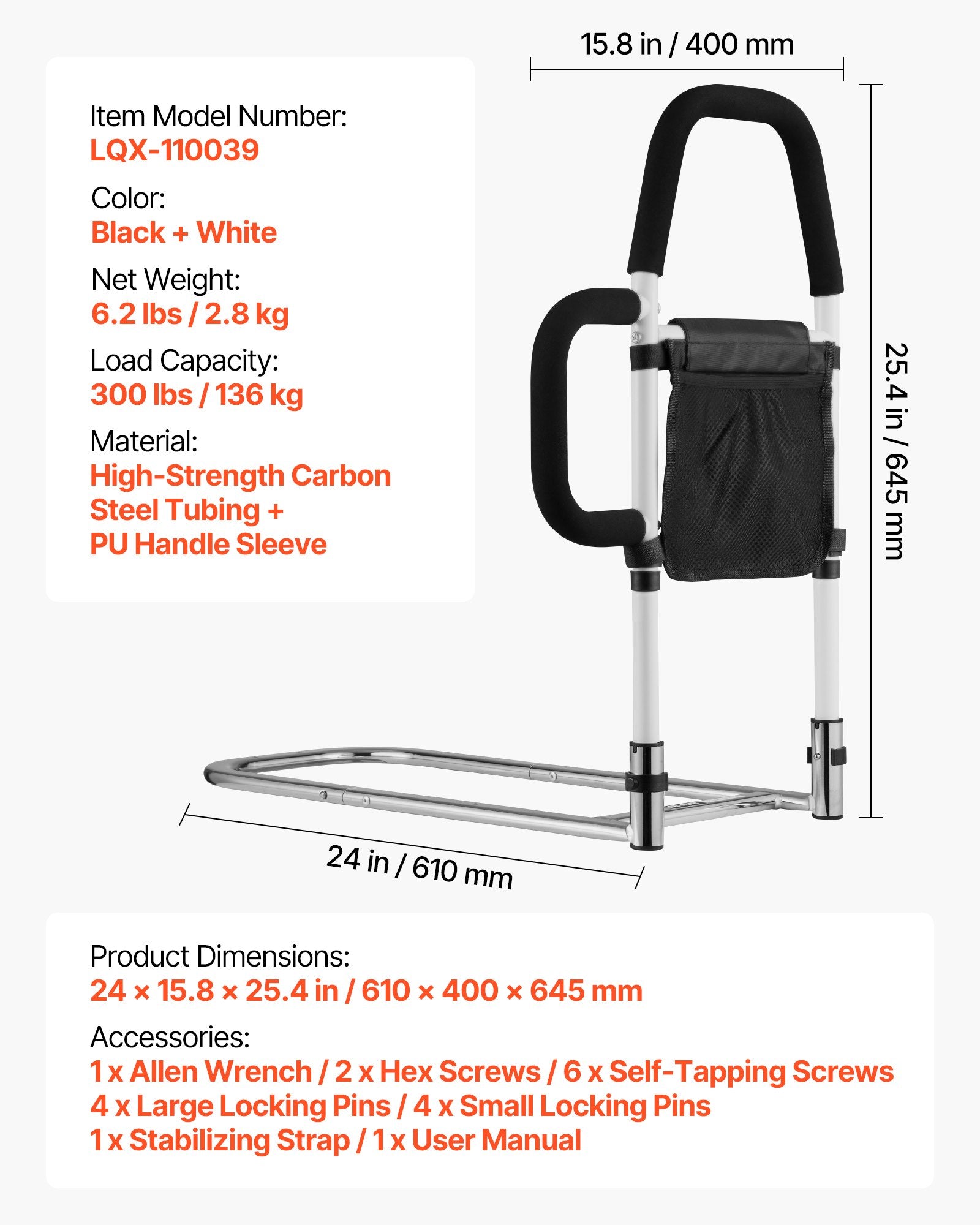 Bed Rail for Elderly, Adjustable Carbon Steel Bedside Assist Rail with PU Handle