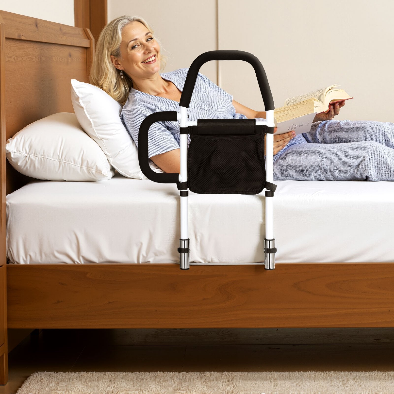 Bed Rail for Elderly, Adjustable Carbon Steel Bedside Assist Rail with PU Handle
