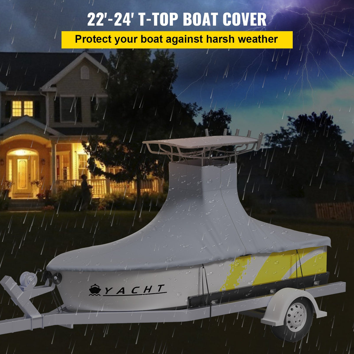 T-Top Boat Cover 22'-24' Heavy Duty 600D Oxford Waterproof Gray Straps