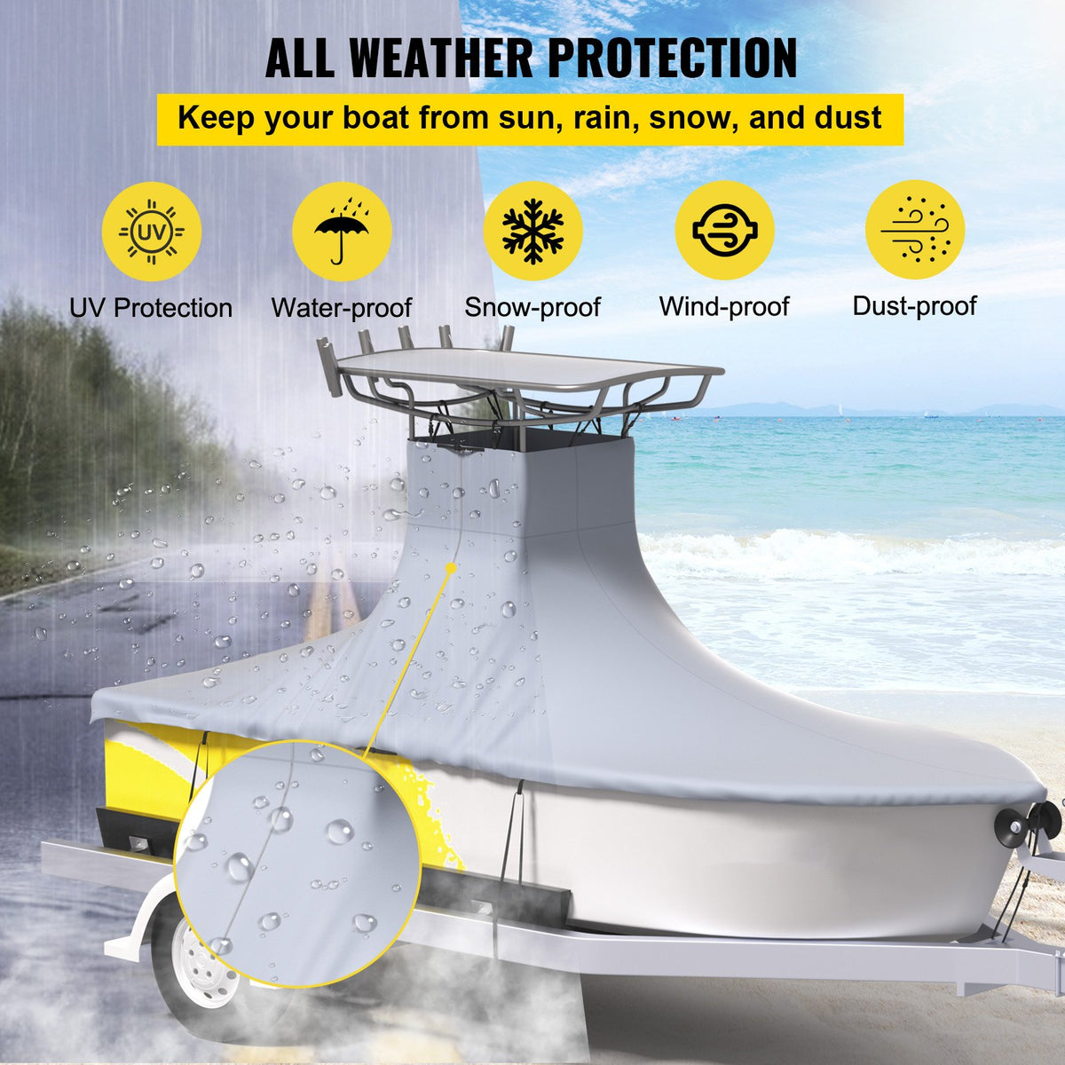 T-Top Boat Cover 22'-24' Heavy Duty 600D Oxford Waterproof Gray Straps