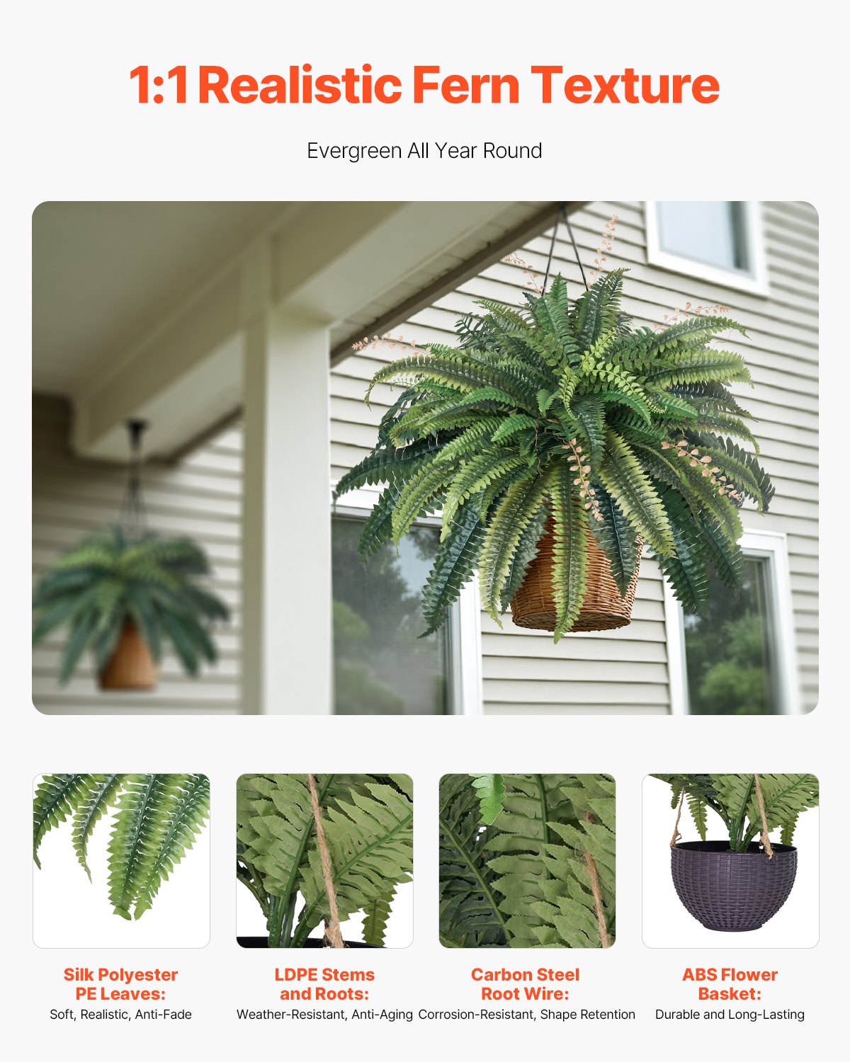 Artificial Ferns, 37-41" Large Hanging Faux Boston Ferns with 80 Branches & Pot