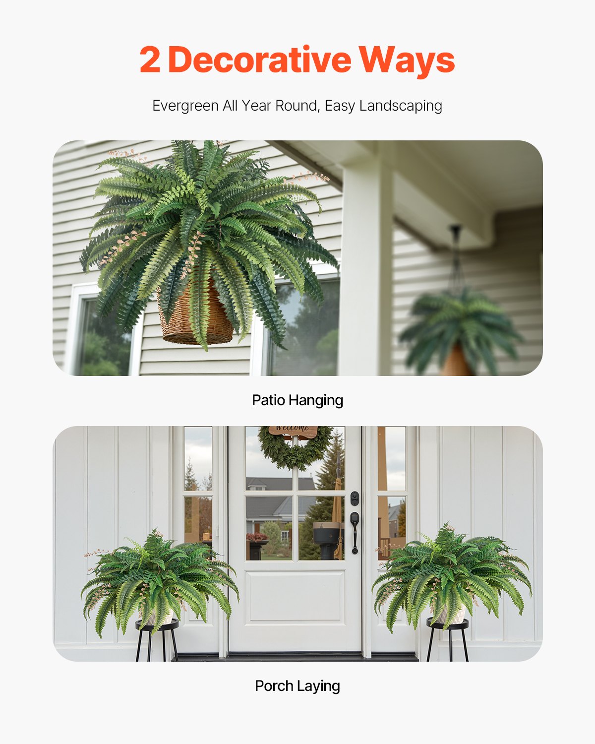 Artificial Ferns, 37-41" Large Hanging Faux Boston Ferns with 80 Branches & Pot