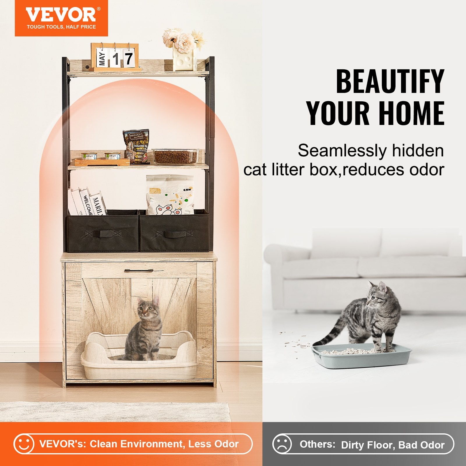 Cat 60x50x127cm Litter Box Enclosure with Storage Shelves and Baskets