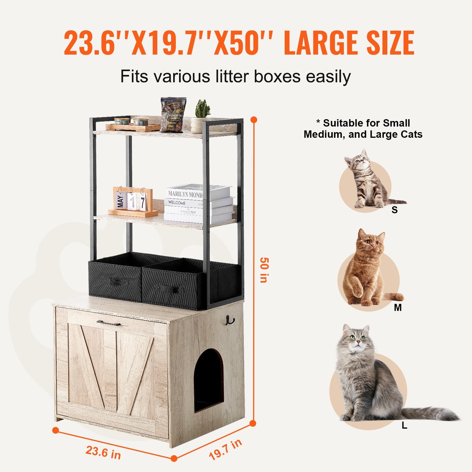Cat 60x50x127cm Litter Box Enclosure with Storage Shelves and Baskets