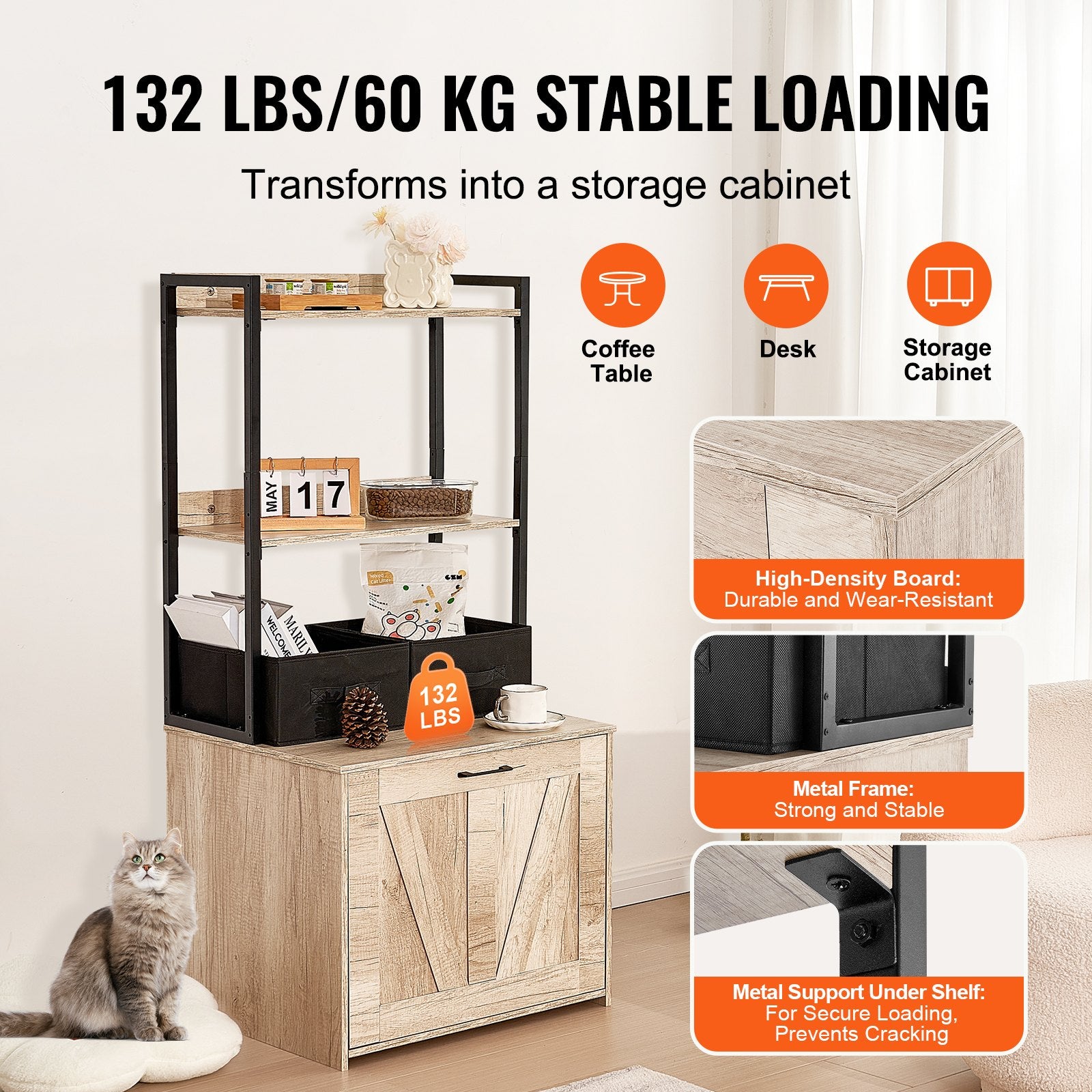Cat 60x50x127cm Litter Box Enclosure with Storage Shelves and Baskets