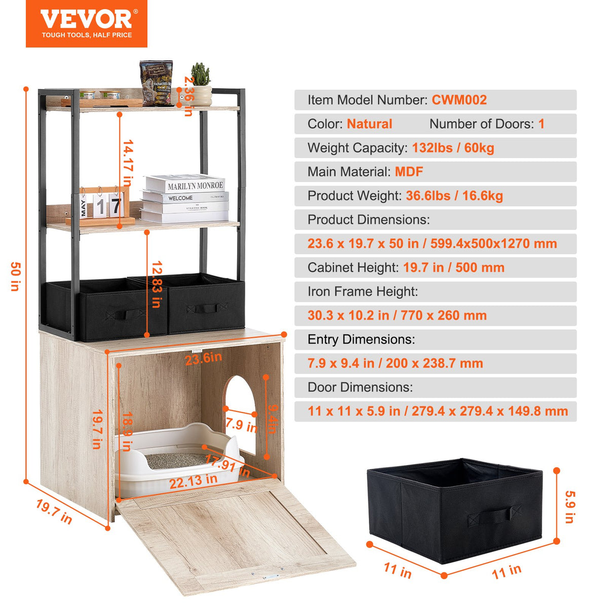 Cat 60x50x127cm Litter Box Enclosure with Storage Shelves and Baskets