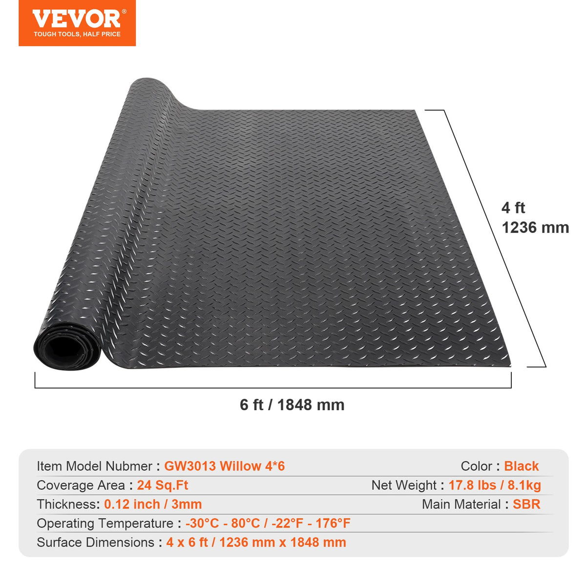 Diamond Plate Rubber Flooring Roll 3mm 4ft x 6ft Garage Mat SBR Easy Clean Black